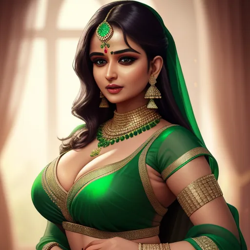 increasing resolution of image - a woman in a green sari with a green necklace and earrings on her head and a green shawl, by Raja Ravi Varma