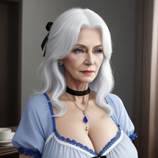 free photo enhancer online - a woman with white hair and a blue dress is wearing a choker and a necklace with a black bow, by Terada Katsuya