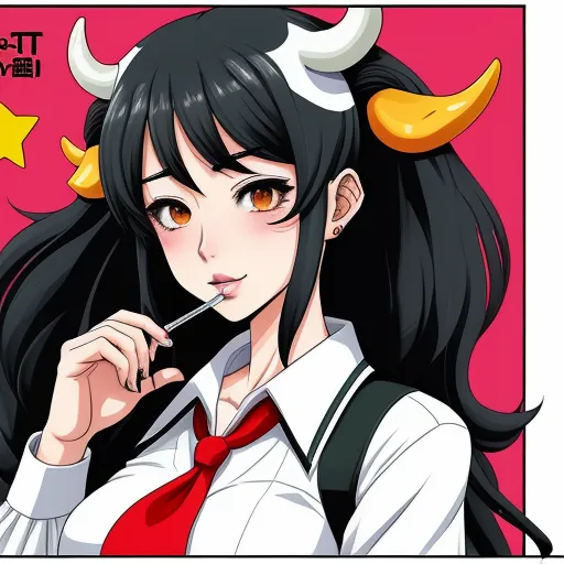 a woman with horns and a red tie is holding a pen in her hand and looking at the camera, by Toei Animations