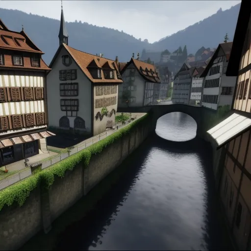 ai picture generator from text - a river running through a small town next to a bridge with a bridge over it and buildings on both sides, by Hayao Miyazaki