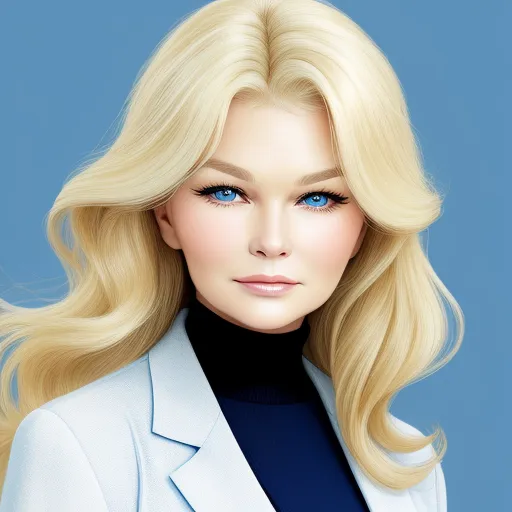 convert image to text ai - a woman with blonde hair and blue eyes wearing a white jacket and black turtle neck sweater and black turtle neck sweater, by Hsiao-Ron Cheng