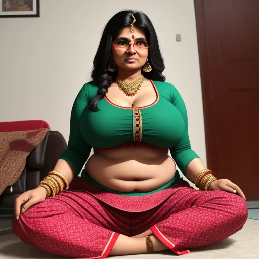 animated image ai - a woman in a green top and red pants sitting on the floor with her belly exposed and her hands in her pockets, by Raja Ravi Varma