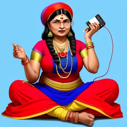 ai image app - a woman in a red and blue outfit sitting on the ground holding a cell phone and a remote control, by Raja Ravi Varma