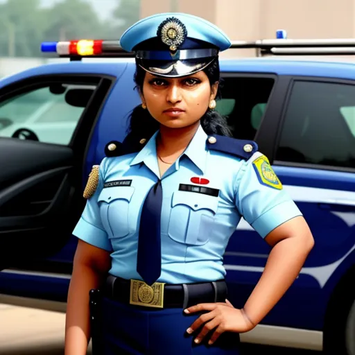 a woman police officer standing in front of a police car in a city street, with her hands on her hips, by Raja Ravi Varma