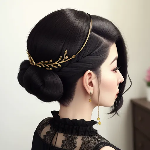 a woman with a black hair and a gold head piece on her head and a black dress with a lace top, by Chen Daofu