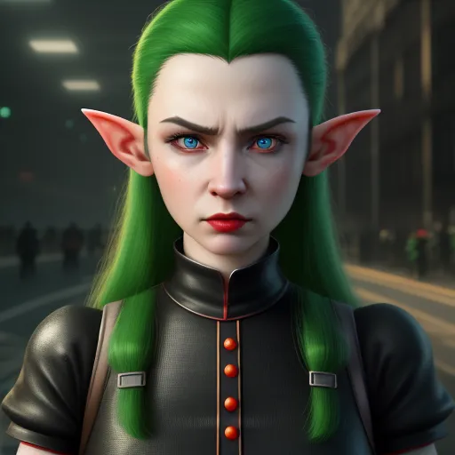 a woman with green hair and a green elf's ears and nose are standing in a dark city, by Akira Toriyama
