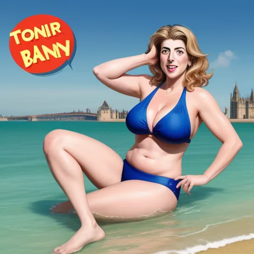 ai text to image - a woman in a bikini sitting on the beach with a speech bubble above her head that says, tony, by Matt Bors