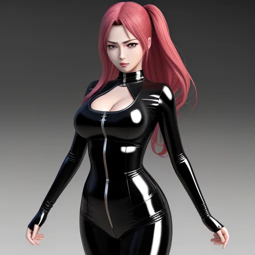 a woman in a black latex outfit with a zippered top and a tight skirt is posing for a picture, by Hirohiko Araki