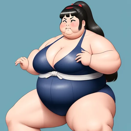ai your photos - a cartoon character of a fat woman in a blue swimsuit with a big belly and a big belly, by Rumiko Takahashi