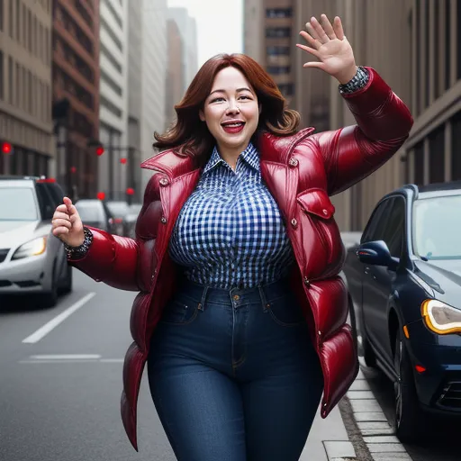 4k hd photo converter - a woman in a red jacket is walking down the street with her arms outstretched in the air and her hands out, by Yayoi Kusama