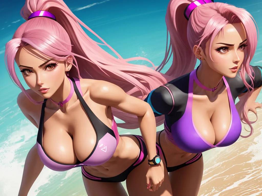 4k photo converter free - a cartoon of a woman in a bikini on the beach with a surfboard in her hand and a pink hair, by Toei Animations