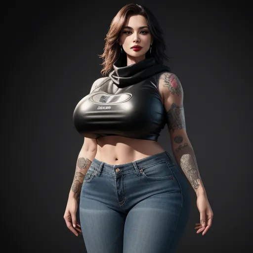 make a photo high res - a woman with tattoos and a black top is posing for a picture with a motorcycle helmet on her chest, by Terada Katsuya