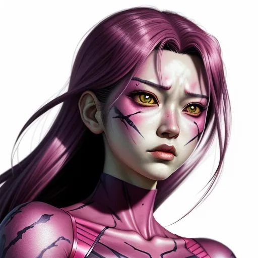 a woman with purple hair and makeup is wearing a pink suit and yellow eyes and a black cat mask, by Hirohiko Araki