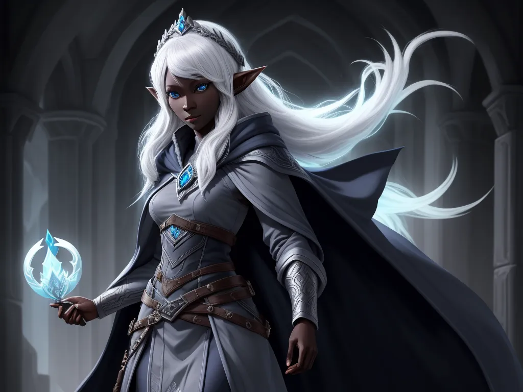 ai image: 1 solo female drow elf adventurer, black skin,