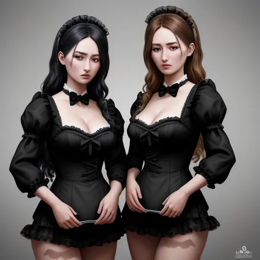 two women in black dresses with long hair and a bow tie on their heads, both of them are wearing stockings, by Chen Daofu