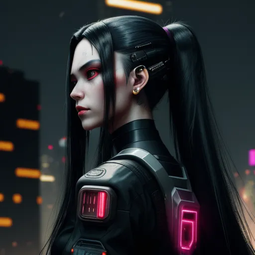 ai text image generator - a woman with long black hair and a futuristic outfit with neon lights on her head and ear rings, in a city at night, by Chen Daofu