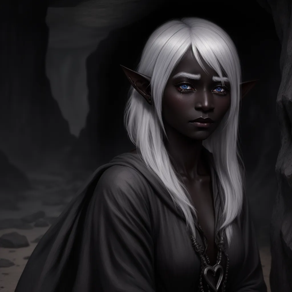 a white haired elf with blue eyes and a black dress in a cave with a rock wall and a rock face, by Lois van Baarle