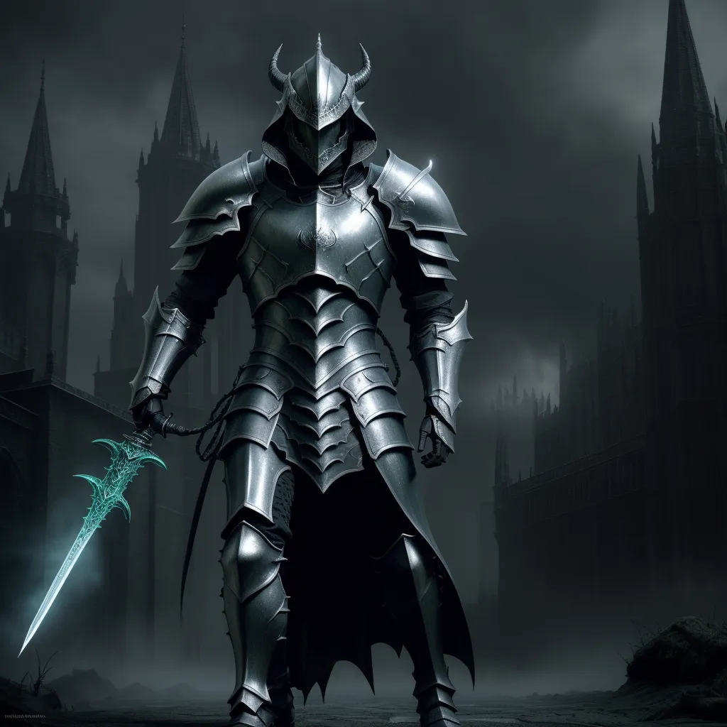 a knight in a dark castle holding a sword and a glowing sword in his hand, with a dark background, by Kentaro Miura
