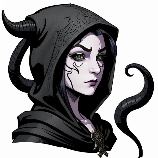 a woman with horns and a hood on her head, with green eyes and horns on her head, is wearing a black hood, by François Quesnel