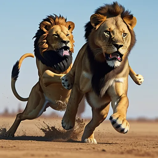 4k converter photo - two lions running in the dirt with their mouths open and their teeth wide open, with one of them showing teeth, by Floris van Schooten