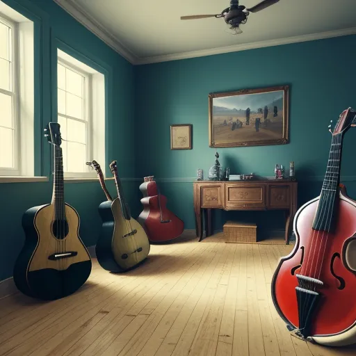 convert photo into 4k - a room with guitars and a table with a painting on it and a fan in the corner of the room, by Abraham Willaerts