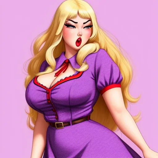 a cartoon girl with blonde hair and a purple dress with a red collar and collared shirt on, with her mouth open, by Hanna-Barbera