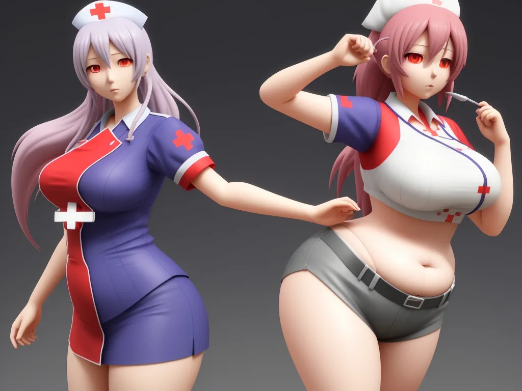 a cartoon character is posing in a nurse outfit and a nurse uniform is standing next to each other, both of them are wearing shorts, by Hanabusa Itchō