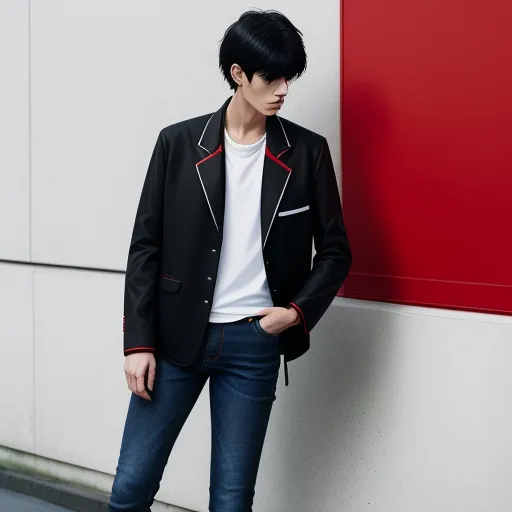 a man standing next to a red and white wall wearing a black jacket and jeans and a white t - shirt, by Terada Katsuya