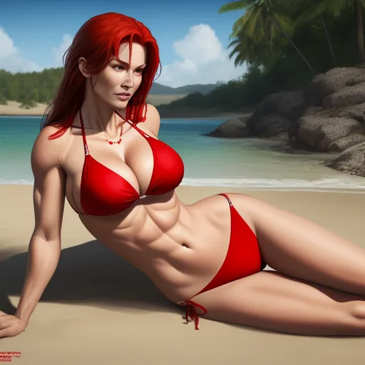 ai image maker - a woman in a red bikini laying on a beach next to the ocean and rocks with a palm tree in the background, by Hanna-Barbera