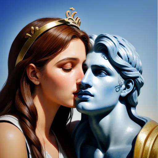 make photos hd free - a woman kissing a statue of a man wearing a crown on his head with a blue sky background behind her, by Daniela Uhlig