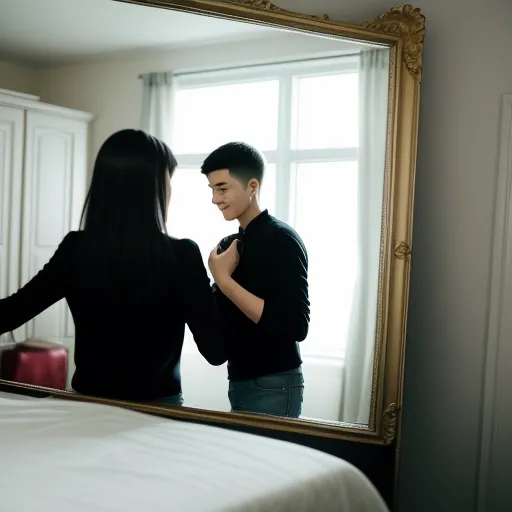 image from text ai - a man and woman standing in front of a mirror looking at each other's reflection in a bedroom, by Hendrik van Steenwijk I