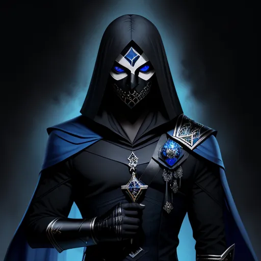 a man in a black outfit with a sword in his hand and a blue cape on his head and a blue and white cross on his chest, by theCHAMBA