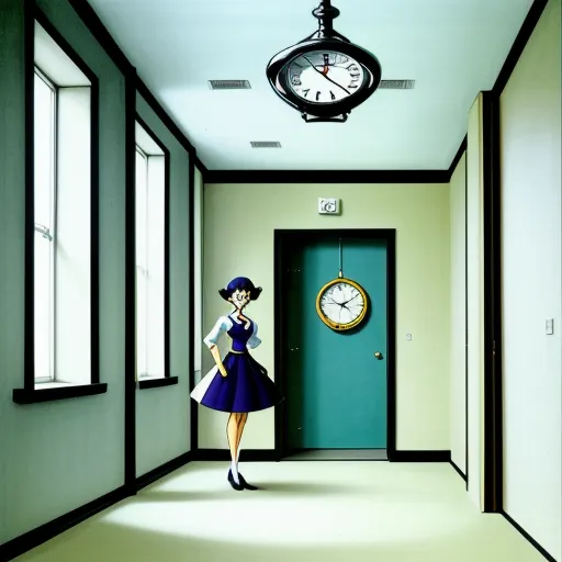 what is high resolution photo - a woman in a blue dress is standing in a hallway with a clock on the wall and a clock on the wall, by Leiji Matsumoto