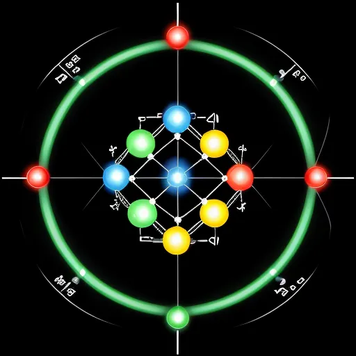 a circle with four different colored balls in it and a black background with a black background and a green circle with four different colored balls, by Paul Laffoley