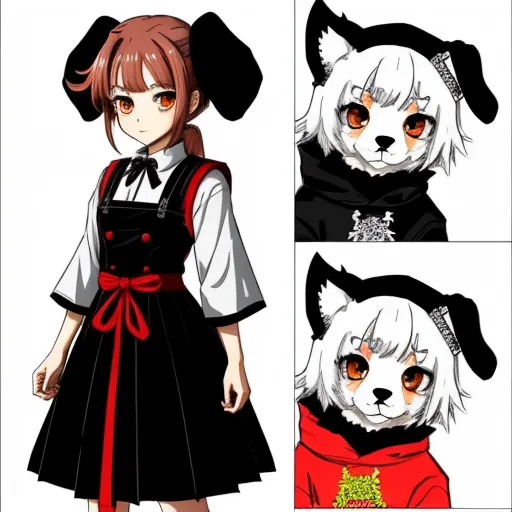 a girl in a dress with a dog on her head and a cat on her shoulder, and a dog in a dress with a bow, by Eishōsai Chōki