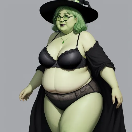 a woman in a black hat and bra top with a green hair and glasses on her head, wearing a black hat and black lingerie, by Hayao Miyazaki