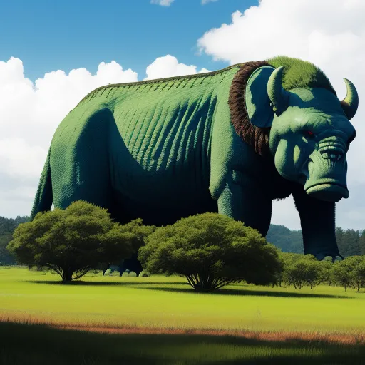 a large green elephant statue in a field with trees in the background and a sky with clouds in the background, by Pixar Concept Artists