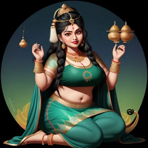 ai created images - a woman in a green outfit holding a lamp and a ball in her hand, sitting on a black background, by Raja Ravi Varma