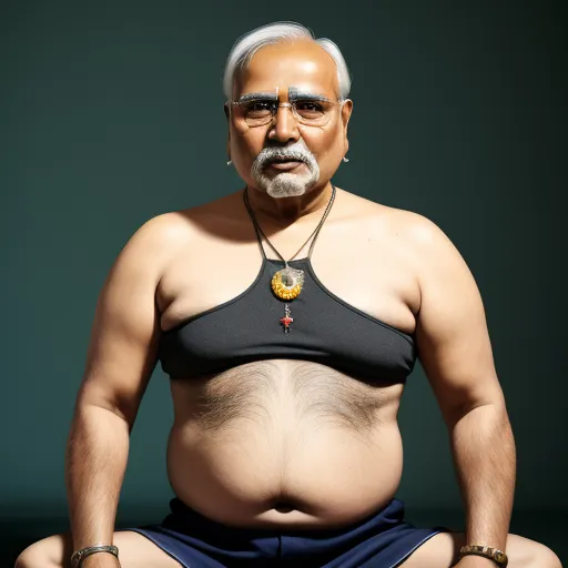 text-to-image ai - a man with a large belly sitting in a yoga pose with a necklace on his neck and a necklace on his neck, by Raja Ravi Varma