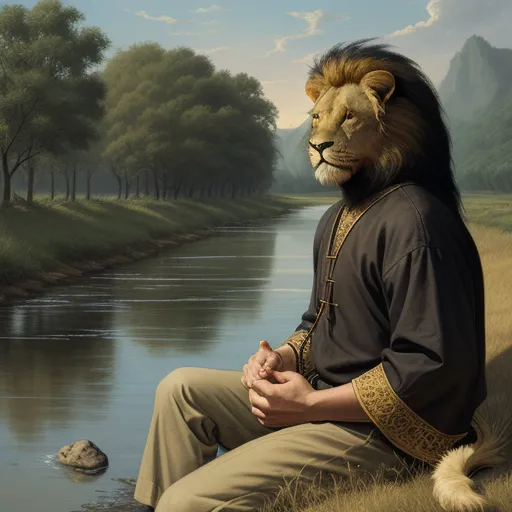 high quality pictures online - a man sitting on a rock next to a river with a lion mask on his head and a river in the background, by Chris Leib