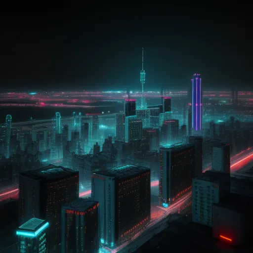 ai image generator from text - a city at night with a neon light on the buildings and street lights in the foreground and a city skyline in the background, by Liam Wong