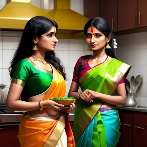 two women in colorful saris standing in a kitchen together, one holding a plate of food and the other holding a bowl of food, by Raja Ravi Varma