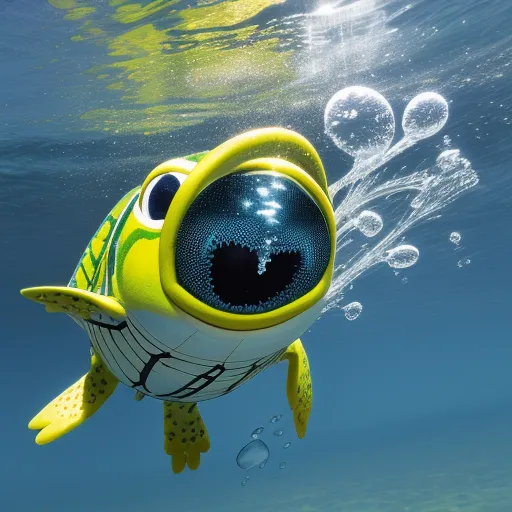 how to fix low resolution photos - a yellow fish with a big blue eye floating in the water with bubbles around it's head and a large black eye, by Pixar