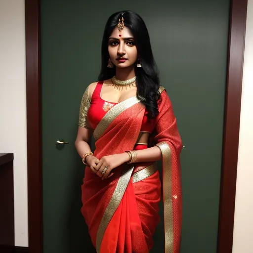 ai generated images from text - a woman in a red and gold sari standing in a doorway with her hands on her hips and her hand on her hip, by Johannes Vermeer