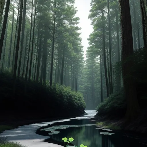 a river running through a forest filled with trees and plants on the side of it's banks,, by David A. Hardy