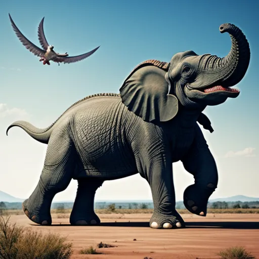 ai picture generator from text - a large elephant statue with a bird flying above it and a bird flying above it in the sky above, by Richard Doyle