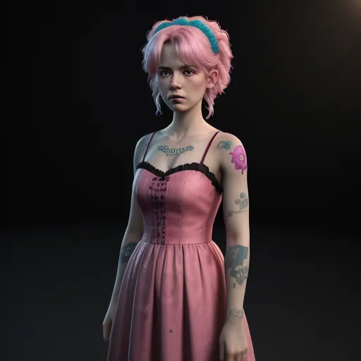 a woman with pink hair and tattoos on her arm and chest, wearing a pink dress with black lace, by Billie Waters