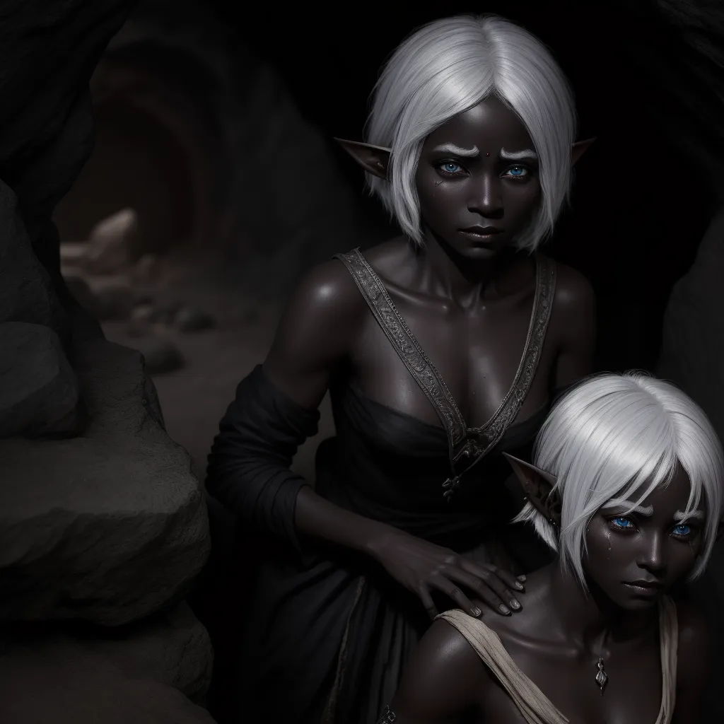 two women in a cave with blue eyes and white hair, one of them is holding the other's arm, by Daniela Uhlig