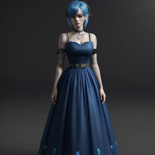 ai image enhancer - a woman with blue hair wearing a blue dress and a tattoo on her arm and shoulder, standing in a dark room, by Hayao Miyazaki