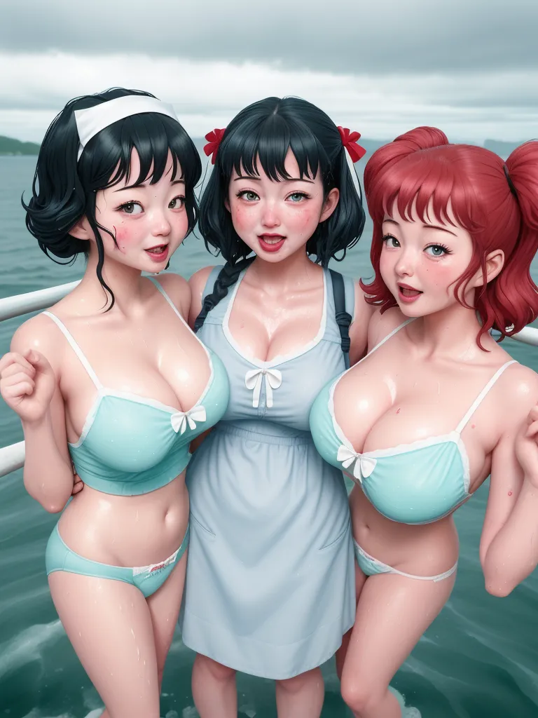 three cartoon women in bathing suits standing in the water together, with one of them wearing a bikini and the other wearing a bathing suit, by Terada Katsuya
